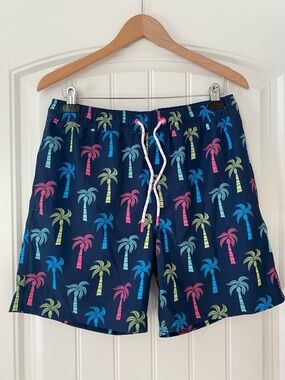 Men's Navy Palm-Print Swim Trunks with boxer brief lining Size Medium
